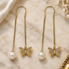 Oro Laminado Threader Earring, Gold Filled Style Butterfly Design, with White Micro Pave, Polished, Golden Finish, 02.210.0543