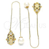 Oro Laminado Threader Earring, Gold Filled Style Hand of God Design, with Multicolor Micro Pave, Polished, Golden Finish, 02.210.0544.1