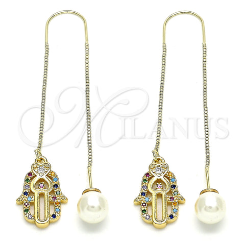 Oro Laminado Threader Earring, Gold Filled Style Hand of God Design, with Multicolor Micro Pave, Polished, Golden Finish, 02.210.0544.1