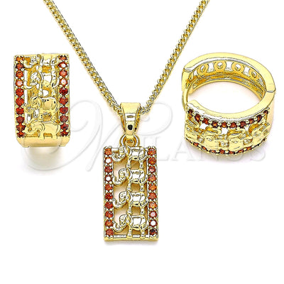 Oro Laminado Earring and Pendant Adult Set, Gold Filled Style Elephant Design, with Garnet Micro Pave for wholesale, main product view