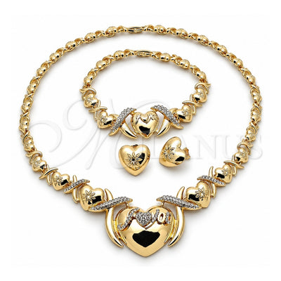 Oro Laminado Necklace, Bracelet and Earring, Gold Filled Style Hugs and Kisses and Heart Design, with White Crystal, Polished, Golden Finish, 06.372.0044