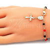 Oro Laminado Bracelet Rosary, Gold Filled Style Caridad del Cobre and Crucifix Design, with Black and Garnet Crystal, Polished, Golden Finish, 09.63.0112.1.08