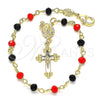 Oro Laminado Bracelet Rosary, Gold Filled Style Caridad del Cobre and Crucifix Design, with Black and Garnet Crystal, Polished, Golden Finish, 09.63.0112.1.08