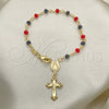 Oro Laminado Bracelet Rosary, Gold Filled Style Caridad del Cobre and Crucifix Design, with Black and Garnet Crystal, Polished, Golden Finish, 09.63.0112.1.08