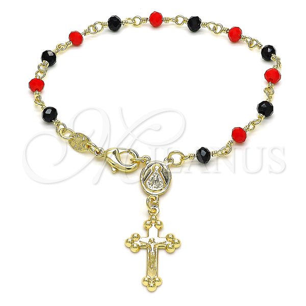 Oro Laminado Bracelet Rosary, Gold Filled Style Caridad del Cobre and Crucifix Design, with Black and Garnet Crystal, Polished, Golden Finish, 09.63.0112.1.08