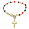 Oro Laminado Bracelet Rosary, Gold Filled Style Caridad del Cobre and Crucifix Design, with Black and Garnet Crystal, Polished, Golden Finish, 09.63.0112.1.08