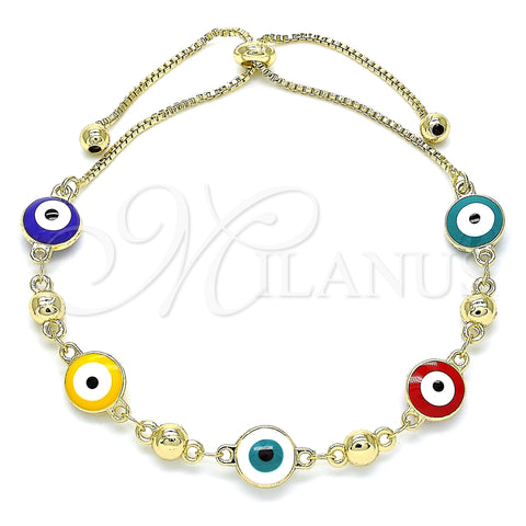 Oro Laminado Adjustable Bolo Bracelet, Gold Filled Style Evil Eye Design, Multicolor Enamel Finish, Golden Finish, 03.213.0130.3.10 (01 MM Thickness, 10 Inches Length)