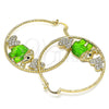 Oro Laminado Large Hoop, Gold Filled Style Elephant and Heart Design, with White and Black Crystal, Green Resin Finish, Golden Finish, 02.380.0051.7.50