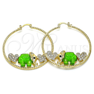 Gold Filled Hoop Earrings — Large Hoop Elephant and Heart Design with White — main product view — SKU 144495 | Oro Laminado aretes de aro — Large Hoop Elephant and corazón diseño with blanco — SKU 144495