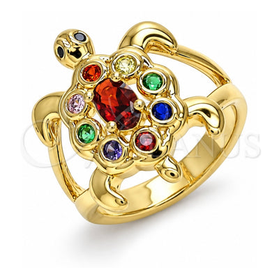 Oro Laminado Multi Stone Ring, Gold Filled Style Turtle Design, with Multicolor Cubic Zirconia, Polished, Golden Finish, 01.380.0014.1.08 (Size 8)