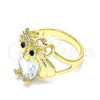 Oro Laminado Multi Stone Ring, Gold Filled Style Owl Design, with White and Black Cubic Zirconia, Polished, Golden Finish, 01.380.0016.08 (Size 8)