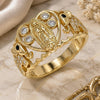 Oro Laminado Multi Stone Ring, Gold Filled Style Guadalupe and Heart Design, with White and Black Cubic Zirconia, Polished, Golden Finish, 01.380.0017.07 (Size 7)