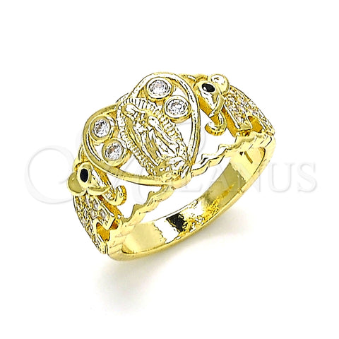 Oro Laminado Multi Stone Ring, Gold Filled Style Guadalupe and Heart Design, with White and Black Cubic Zirconia, Polished, Golden Finish, 01.380.0017.08 (Size 8)
