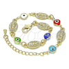 Oro Laminado Fancy Bracelet, Gold Filled Style Guadalupe and Evil Eye Design, Multicolor Resin Finish, Golden Finish, 03.351.0134.07 (08 MM Thickness, 7 Inches Length)