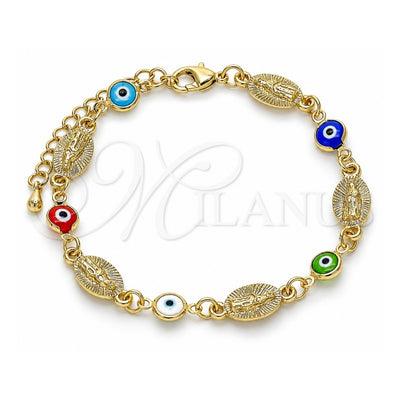 Oro Laminado Fancy Bracelet, Gold Filled Style Guadalupe and Evil Eye Design, Multicolor Resin Finish, Golden Finish, 03.351.0134.07 (08 MM Thickness, 7 Inches Length)