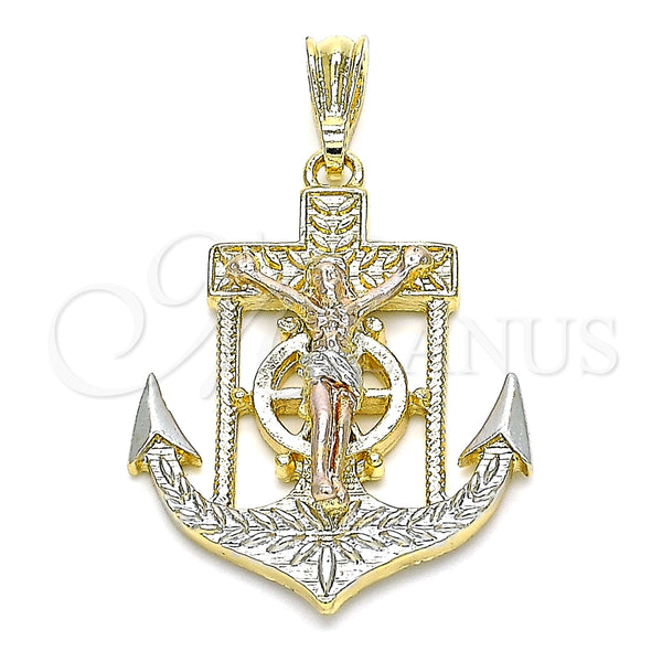 Oro Laminado Religious Pendant, Gold Filled Style Jesus and Anchor Design, Polished, Tricolor, 05.351.0188