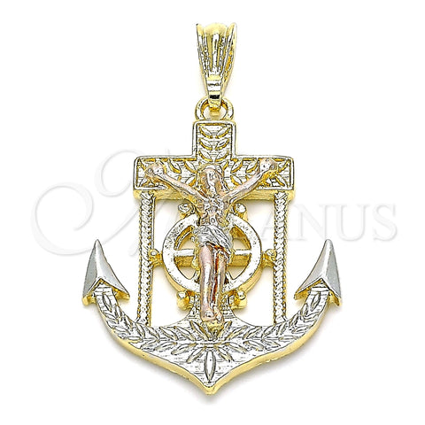 Oro Laminado Religious Pendant, Gold Filled Style Jesus and Anchor Design, Polished, Tricolor, 05.351.0188