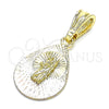 Oro Laminado Religious Pendant, Gold Filled Style San Judas and Teardrop Design, Diamond Cutting Finish, Tricolor, 05.351.0191