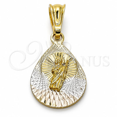 Oro Laminado Religious Pendant, Gold Filled Style San Judas and Teardrop Design, Diamond Cutting Finish, Tricolor, 05.351.0191