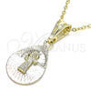 Oro Laminado Religious Pendant, Gold Filled Style San Benito and Teardrop Design, Diamond Cutting Finish, Tricolor, 05.351.0192