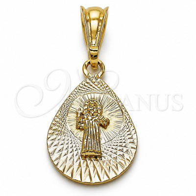 Oro Laminado Religious Pendant, Gold Filled Style San Benito and Teardrop Design, Diamond Cutting Finish, Tricolor, 05.351.0192