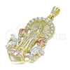 Oro Laminado Religious Pendant, Gold Filled Style Guadalupe and Flower Design, with White Crystal, Polished, Tricolor, 05.351.0019.1
