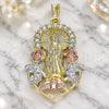 Oro Laminado Religious Pendant, Gold Filled Style Guadalupe and Flower Design, with White Crystal, Polished, Tricolor, 05.351.0019.1