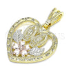 Oro Laminado Religious Pendant, Gold Filled Style Guadalupe and Heart Design, Polished, Tricolor, 05.351.0200