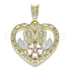Oro Laminado Religious Pendant, Gold Filled Style Guadalupe and Heart Design, Polished, Tricolor, 05.351.0200