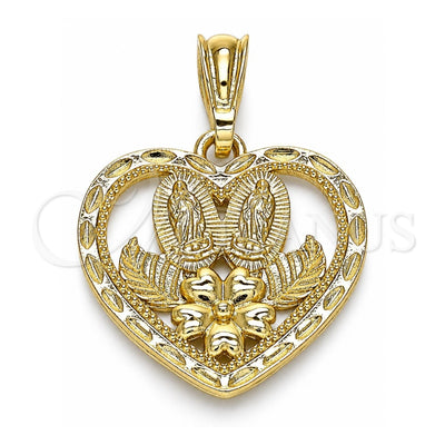 Oro Laminado Religious Pendant, Gold Filled Style Guadalupe and Heart Design, Polished, Golden Finish, 05.351.0200.1