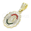 Oro Laminado Religious Pendant, Gold Filled Style Guadalupe Design, with Multicolor Crystal, Polished, Golden Finish, 05.351.0203