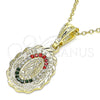 Oro Laminado Religious Pendant, Gold Filled Style Guadalupe Design, with Multicolor Crystal, Polished, Golden Finish, 05.351.0203