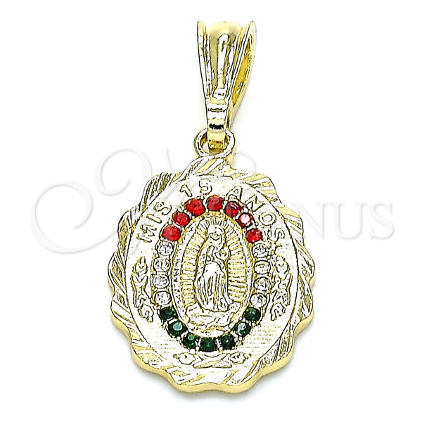 Gold Filled Pendant — Religious Pendant Guadalupe Design with Multicolor Crystal Polished — main product view — SKU 144537 | Oro Laminado dije — Religious Pendant Guadalupe diseño with Multicolor cristal pulido — SKU 144537