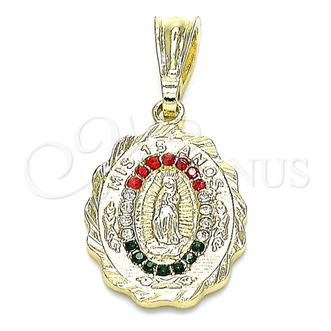 Oro Laminado Religious Pendant, Gold Filled Style Guadalupe Design, with Multicolor Crystal, Polished, Golden Finish, 05.351.0203