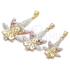 Oro Laminado Fancy Pendant, Gold Filled Style Leaf Design, with White Crystal, Polished, Tricolor, 05.351.0206