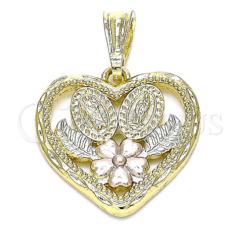 Oro Laminado Religious Pendant, Gold Filled Style Guadalupe and San Judas Design, Polished, Tricolor, 05.351.0208