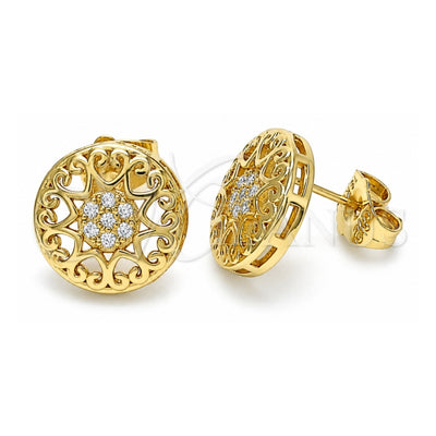 Oro Laminado Stud Earring, Gold Filled Style Heart Design, with White Micro Pave, Polished, Golden Finish, 02.156.0568