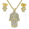 Oro Laminado Earring and Pendant Adult Set, Gold Filled Style Hand of God Design, with White Micro Pave and White Cubic Zirconia, Polished, Golden Finish, 10.156.0358