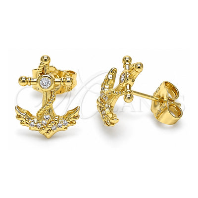 Oro Laminado Stud Earring, Gold Filled Style Anchor Design, with White Micro Pave and White Cubic Zirconia, Polished, Golden Finish, 02.156.0571