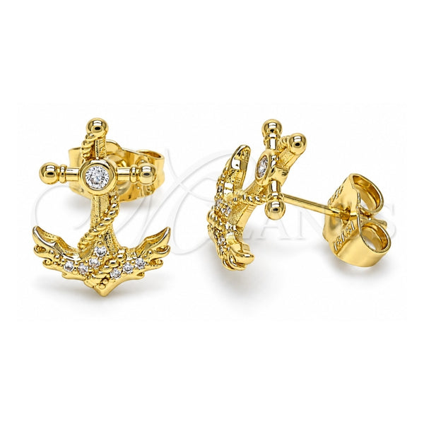 Oro Laminado Stud Earring, Gold Filled Style Anchor Design, with White Micro Pave and White Cubic Zirconia, Polished, Golden Finish, 02.156.0571