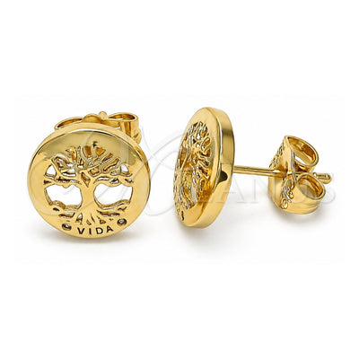 Oro Laminado Stud Earring, Gold Filled Style Tree Design, with White Micro Pave, Polished, Golden Finish, 02.156.0572