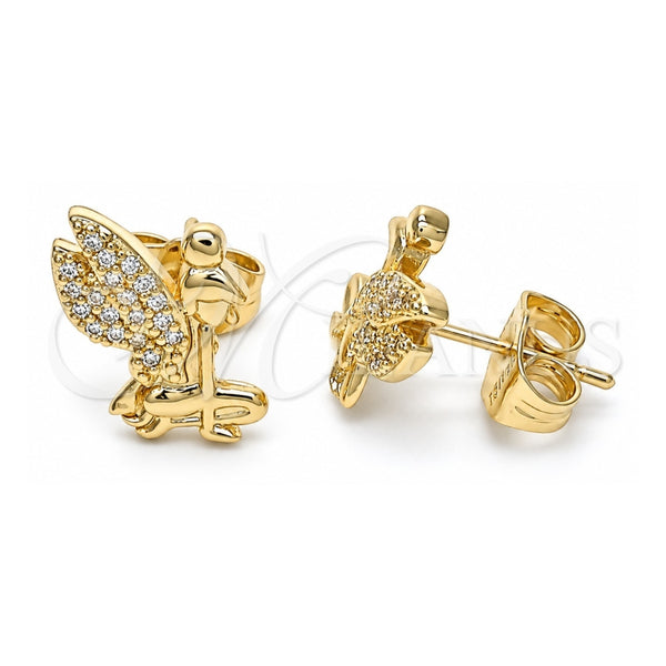 Oro Laminado Stud Earring, Gold Filled Style Angel Design, with White Micro Pave, Polished, Golden Finish, 02.156.0574