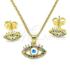 Oro Laminado Earring and Pendant Adult Set, Gold Filled Style Evil Eye Design, with Multicolor Micro Pave, White Enamel Finish, Golden Finish, 10.156.0364