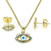 Oro Laminado Earring and Pendant Adult Set, Gold Filled Style Evil Eye Design, with Multicolor Micro Pave, White Enamel Finish, Golden Finish, 10.156.0364