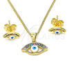 Oro Laminado Earring and Pendant Adult Set, Gold Filled Style Evil Eye Design, with Multicolor Cubic Zirconia, White Enamel Finish, Golden Finish, 10.156.0369
