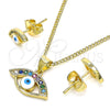 Oro Laminado Earring and Pendant Adult Set, Gold Filled Style Evil Eye Design, with Multicolor Cubic Zirconia, White Enamel Finish, Golden Finish, 10.156.0369