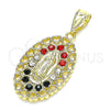 Oro Laminado Religious Pendant, Gold Filled Style Guadalupe and Heart Design, with Multicolor Crystal, Polished, Golden Finish, 05.253.0018.1