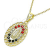 Oro Laminado Religious Pendant, Gold Filled Style Guadalupe and Heart Design, with Multicolor Crystal, Polished, Golden Finish, 05.253.0018.1