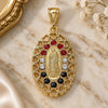Oro Laminado Religious Pendant, Gold Filled Style Guadalupe and Heart Design, with Multicolor Crystal, Polished, Golden Finish, 05.253.0018.1
