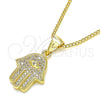 Oro Laminado Pendant Necklace, Gold Filled Style Hand of God Design, with White and Ruby Micro Pave, Polished, Golden Finish, 04.156.0414.20 (02 MM Thickness, 20 Inches Length)